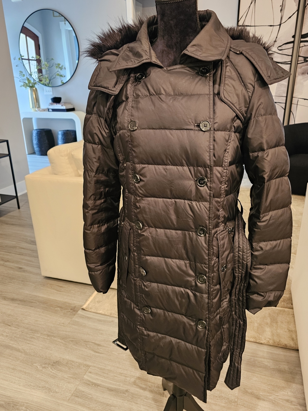 Sam Edelman Black Quilted Double-Breasted Puffer Coat with Fur-Trim Hood